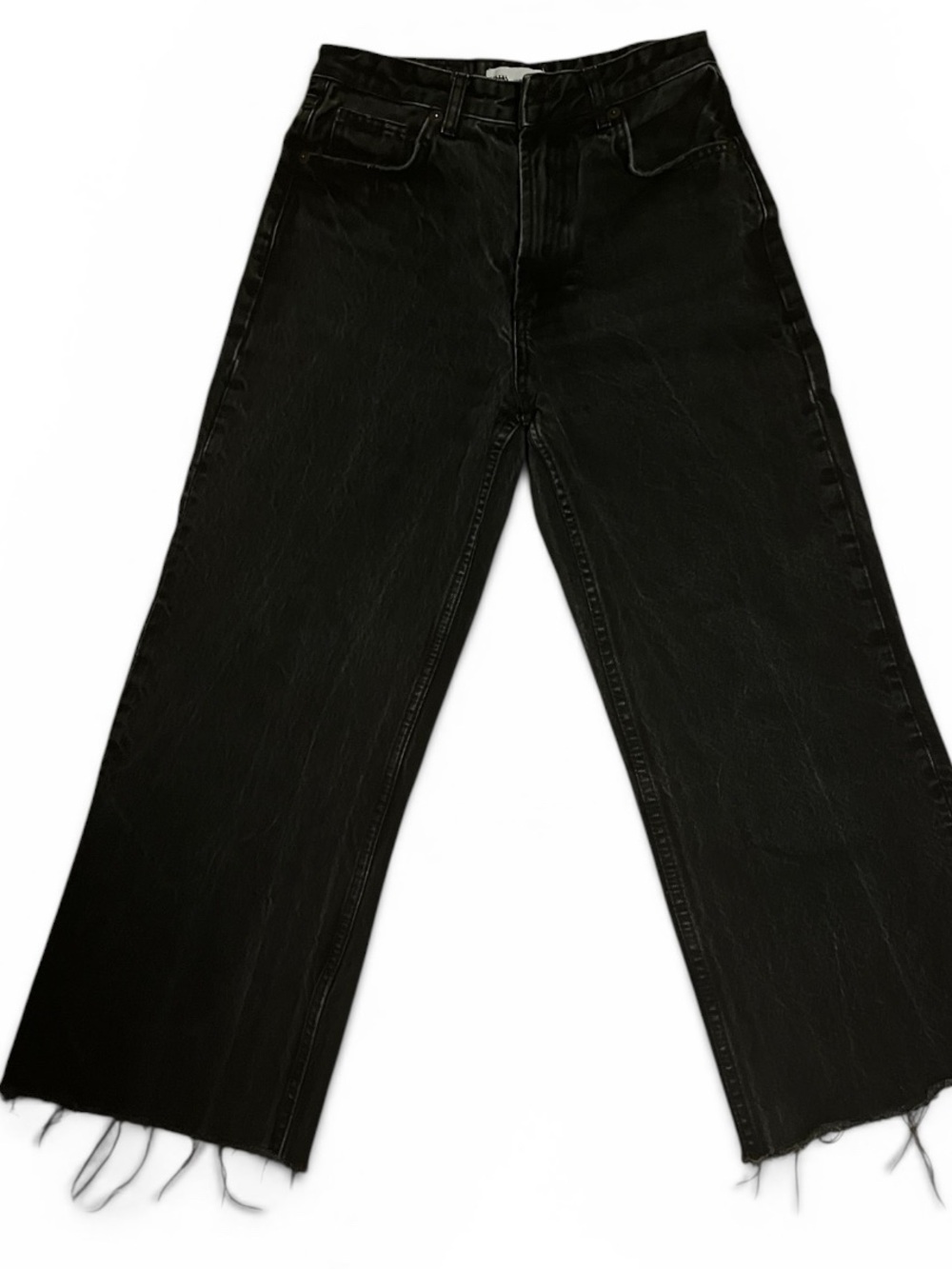 Zara Black Wide Leg Crop Jeans Raw Hem High Rise Size 4 Minimalist Streetwear - Picture 2 of 4